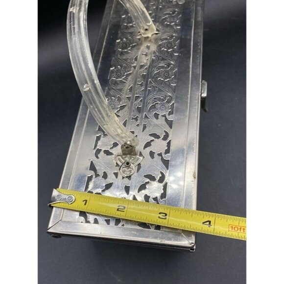 Rectangle Silver Tone Pierced Metal With Lucite Handle Mirror MCM Vintage - Picture 10 of 12